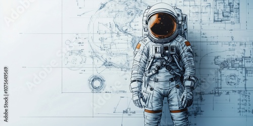 Astronaut standing against technical blueprint background, space exploration concept