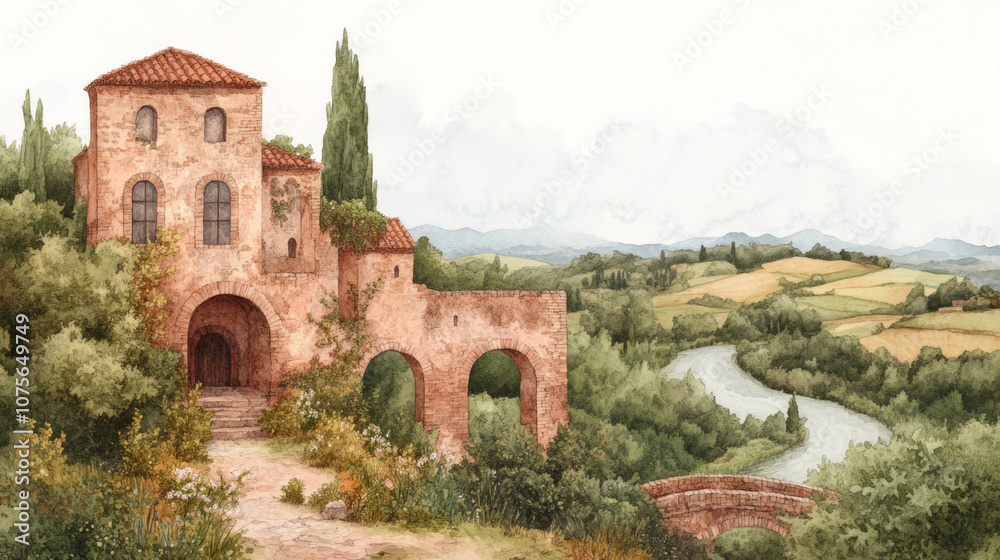 Fototapeta premium Tranquil tuscan countryside with rustic villa and serene river landscape