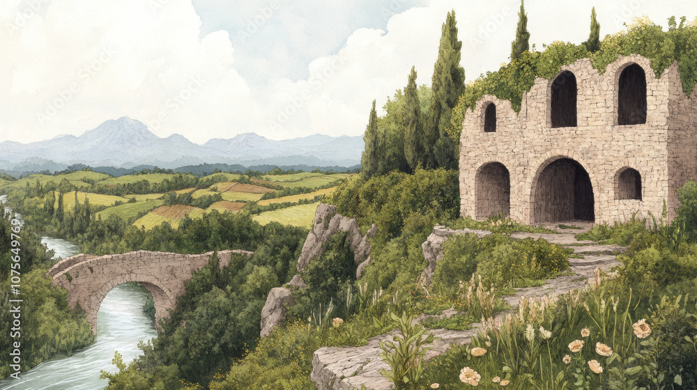 Obraz premium Ancient stone ruins overlooking serene river and bridges in lush landscape
