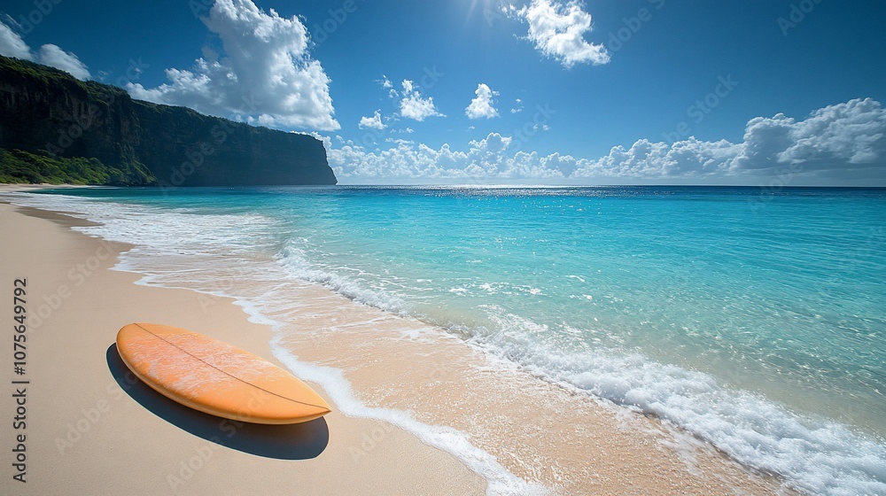 A surfboard lays on a pristine beach, with the turquoise water gently lapping against the shore. A surfboard lays on a pristine beach, with the turquoise water gently lapping against the shore.