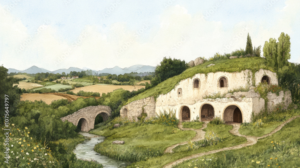 Charming countryside hobbit houses by a scenic stone bridge in lush green landscape Charming countryside hobbit houses by a scenic stone bridge in lush green landscape