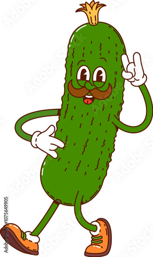 Groovy cucumber vegetable cheerful character. Agriculture ripe veggie happy vintage funky vector mascot, vegetarian food organic cucumber harvest or farm fresh product isolated cute groovy character