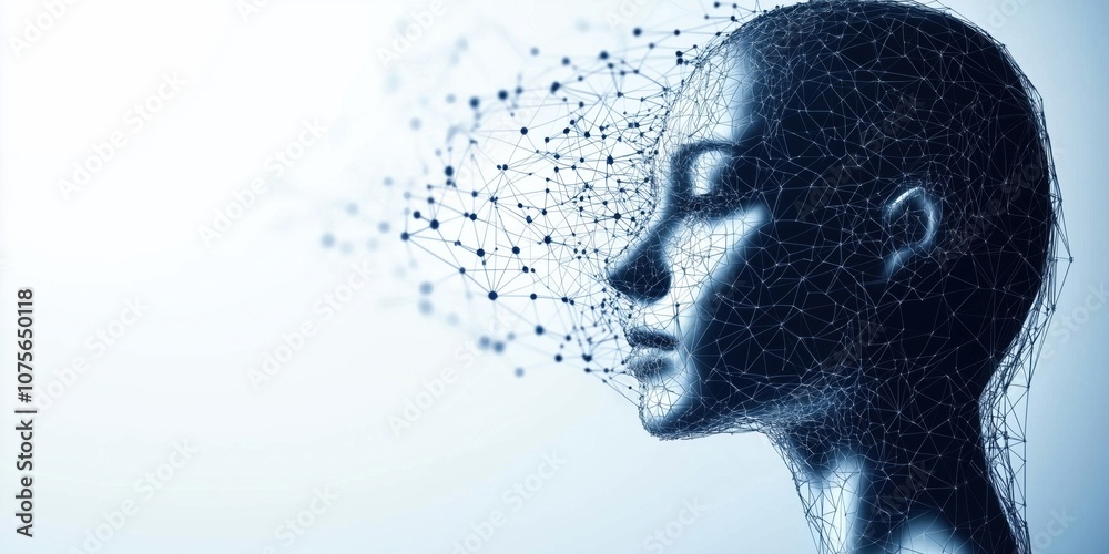 Obraz premium Abstract human face composed of network connections and nodes, digital art