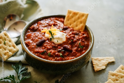 Homemade Beef Chilli served with saltine crackers photo