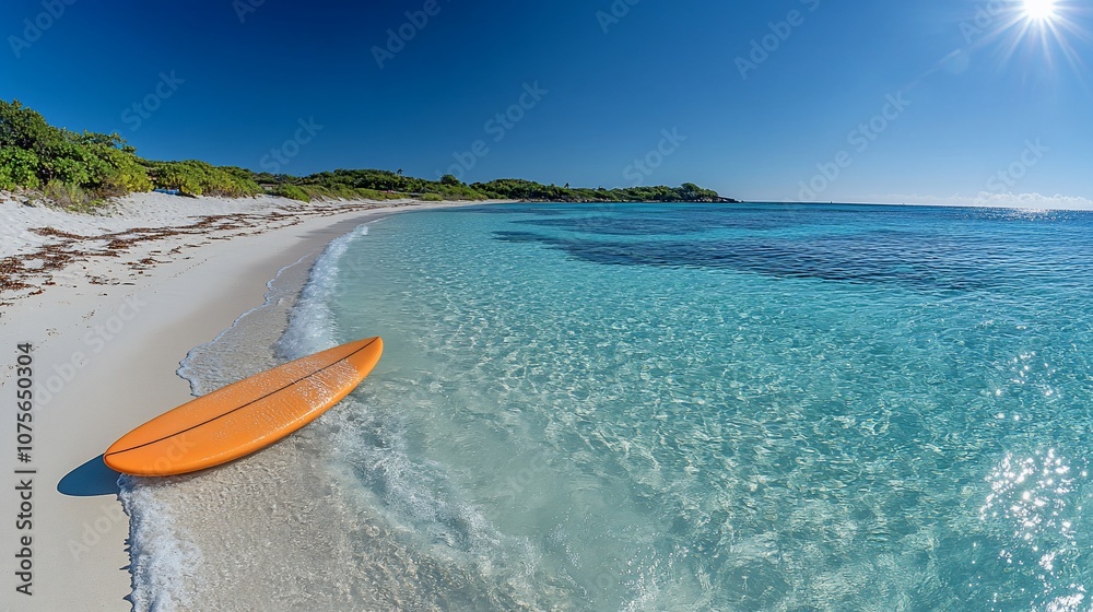 A lone orange surfboard sits on a pristine white sand beach with turquoise waters and a bright blue sky. A lone orange surfboard sits on a pristine white sand beach with turquoise waters and a bright blue sky.