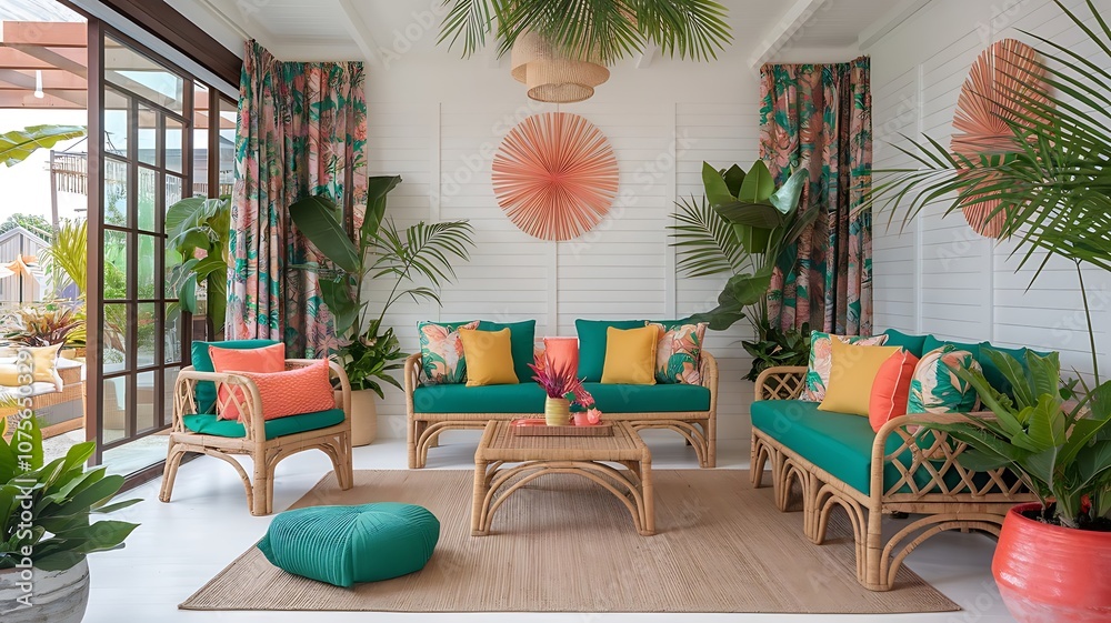 Fototapeta premium Modern relaxing home interior design with greenery and relaxation for mind.wooden interior design.Transform your living space into a vibrant tropical retreat where lush greenery meets organic textures