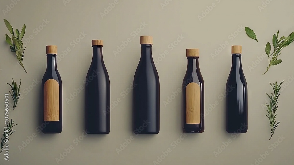 A set of dark bottles arranged together on a white table beside a green plant A set of dark bottles arranged together on a white table beside a green plant