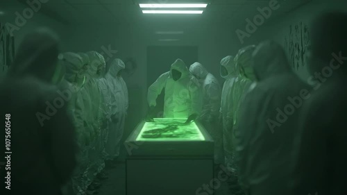 Scientists in protective suits examining alien creature in secret facility. Classified research scene. Government conspiracy concept. Area 51 footage