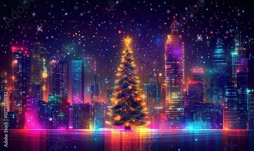 Christmas tree glowing in vibrant city skyline, colorful lights, snowflakes