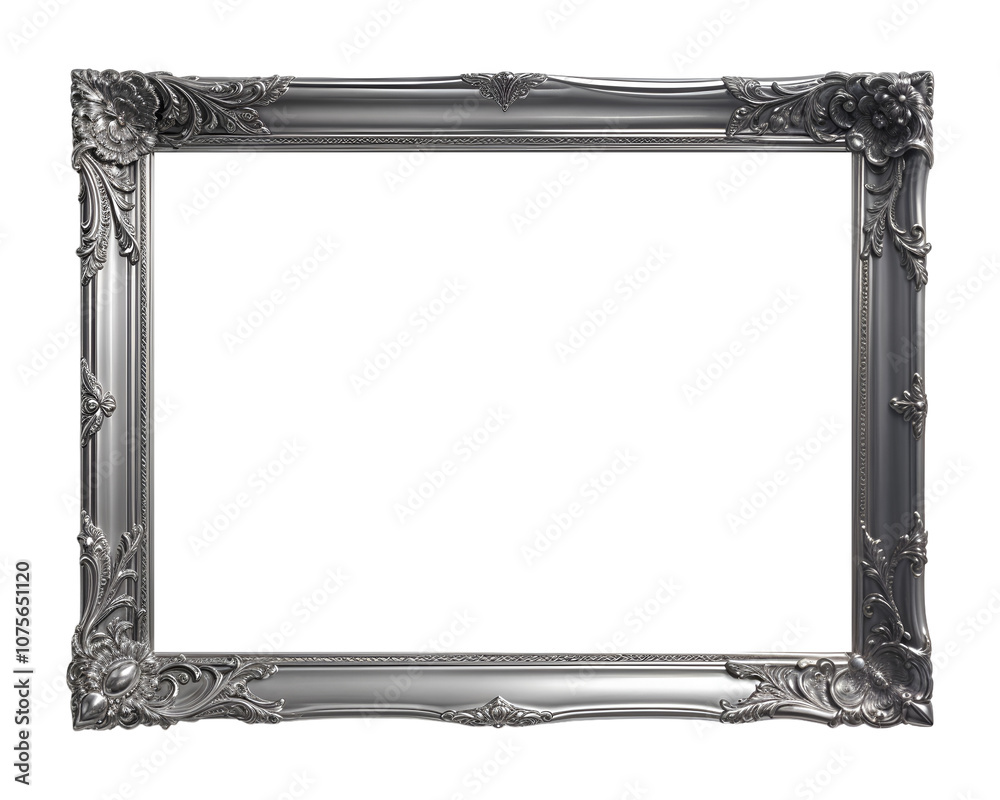 Silver frame in baroque style isolated on transparent background, template