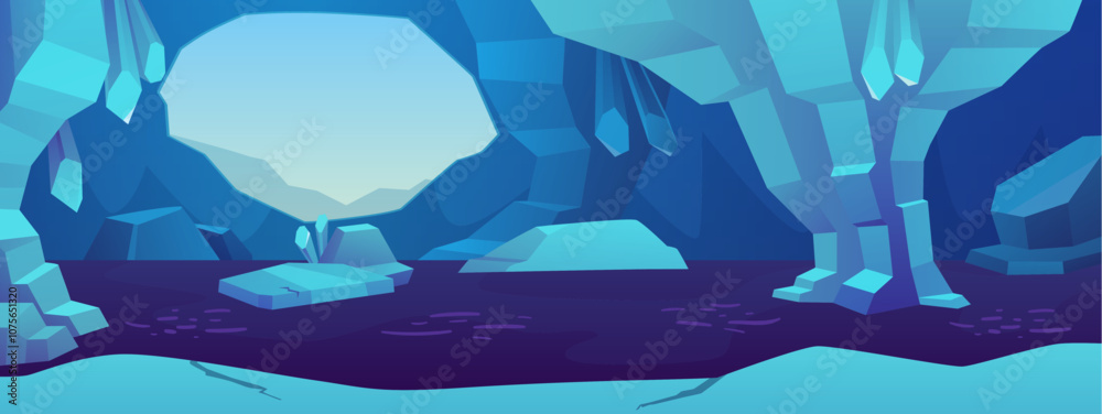 Naklejka premium Vector illustration of an ice cave with a lake, boulders, a round passage and crystals.