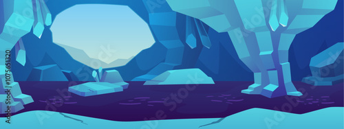 Vector illustration of an ice cave with a lake, boulders, a round passage and crystals.