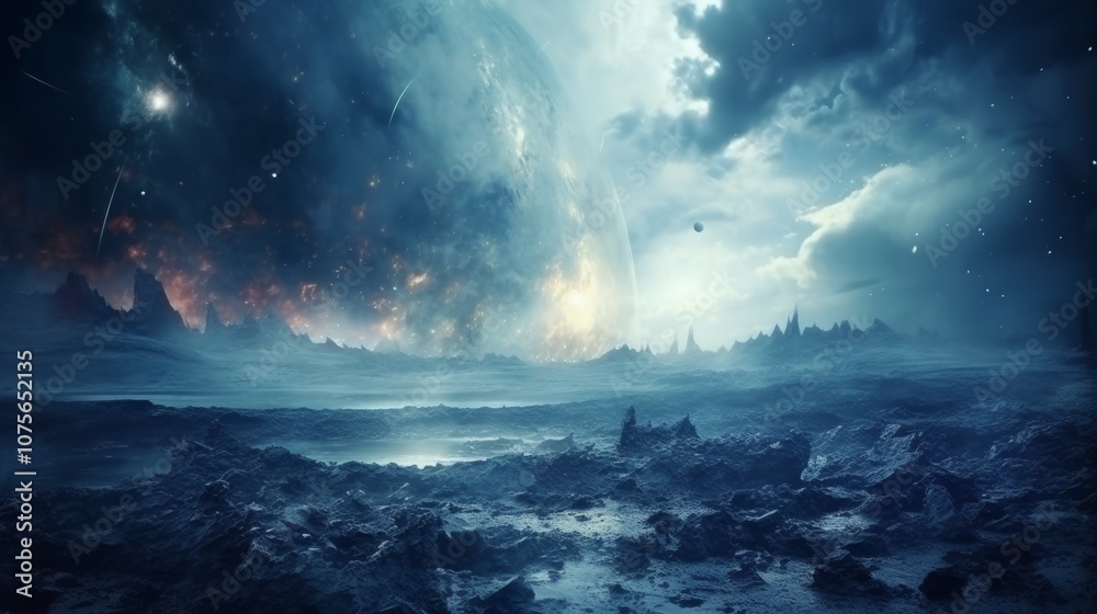 Fototapeta premium Vibrant abstract cosmic background featuring celestial planets and elements of space