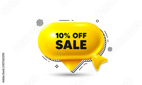 Click here speech bubble 3d icon. Sale 10 percent off discount. Promotion price offer sign. Retail badge symbol. Sale chat offer. Speech bubble banner. Text box balloon. Vector