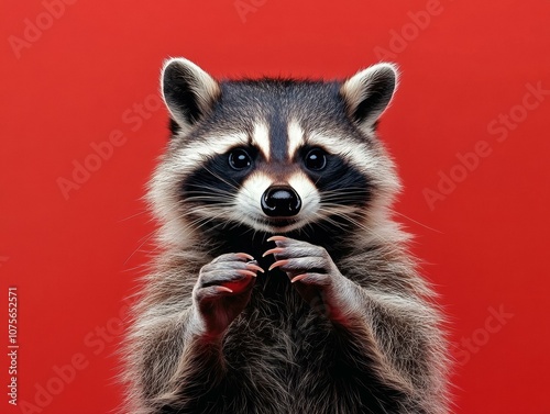 A raccoon with its paws together looking at the camera. AI.