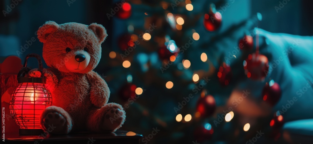 Teddy bear with red lantern, Christmas tree in background, festive atmosphere Teddy bear with red lantern, Christmas tree in background, festive atmosphere