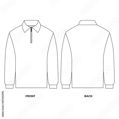 polo shirt illustration. Technical vector illustration of a polo shirt with long sleeves and zipper, front and back view. Outline polo shirt template on white background, vector.