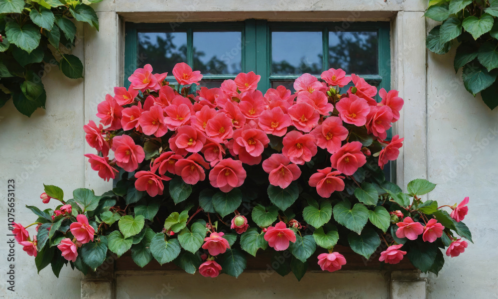 A window box overflowing with pink begonias adds a vibrant touch to the white wall of a building A window box overflowing with pink begonias adds a vibrant touch to the white wall of a building