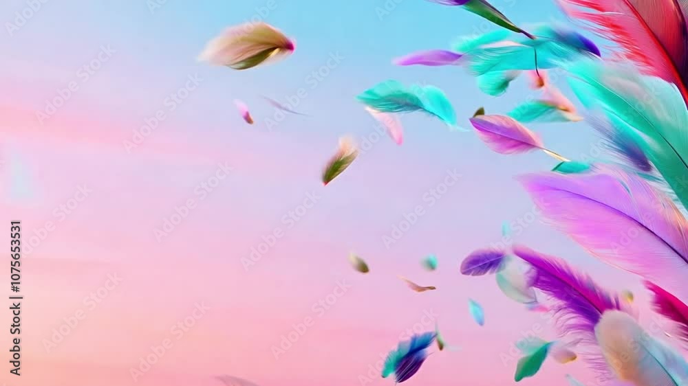 Feathers and confetti in a variety of colors falling slowly against a pink and blue ombre background Feathers and confetti in a variety of colors falling slowly against a pink and blue ombre background