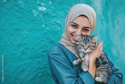 Lovely portrait of muslim woman holding a kitty. Space for copy