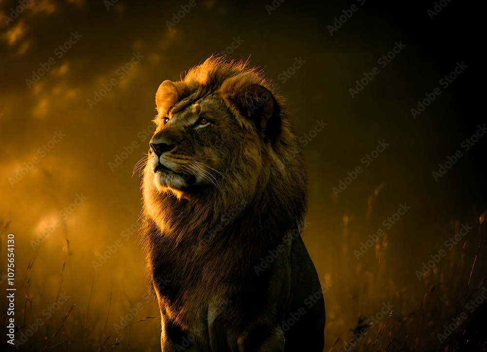 Naklejka premium A mesmerizing cinematic photo of a majestic lion under the starlit night sky with intriguing storytelling elements and ethereal lighting