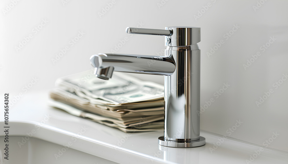 Faucet and dollar banknotes on white background Faucet and dollar banknotes on white background