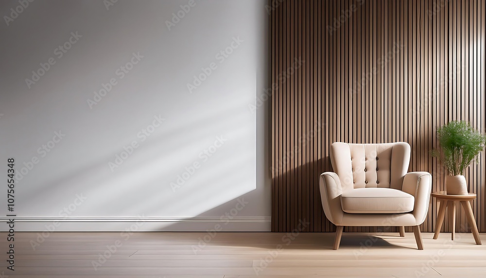 A beige armchair sits against a backdrop of dark wood slats and white panel walls in this c_1(28) A beige armchair sits against a backdrop of dark wood slats and white panel walls in this c_1(28)