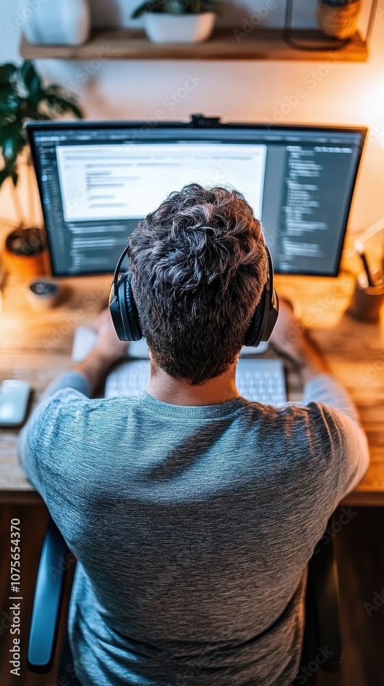 Man focused on coding at a computer desk with headphones on, AI Man focused on coding at a computer desk with headphones on, AI