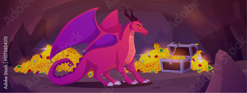 Ancient stone cave with treasure chest and dragon, cartoon vector underground fairy tale game landscape with tunnel, gem