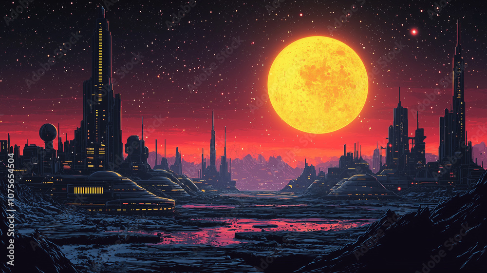 Naklejka premium Sci-fi city skyline with towering structures, glowing lights, and a massive moon at dusk