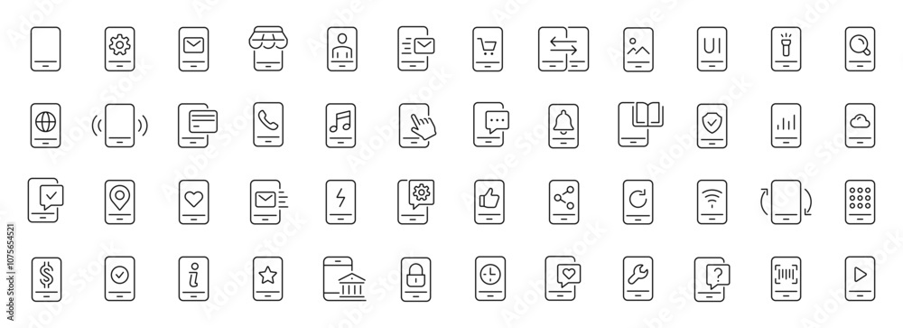 Smartphone functions thin line icons set. Mobile phone technology. Editable stroke. Vector