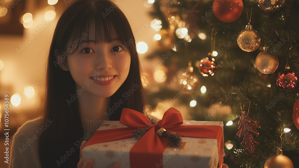 クリスマスギフトを持つ日本人女性とツリー クリスマスギフトを持つ日本人女性とツリー