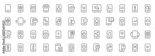 Smartphone functions thin line icons set. Mobile phone technology. Editable stroke. Vector