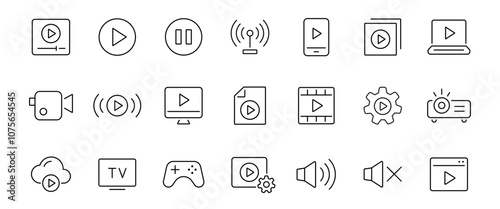 Video thin line icons set. Camera, player, live, production, game symbol. Vector