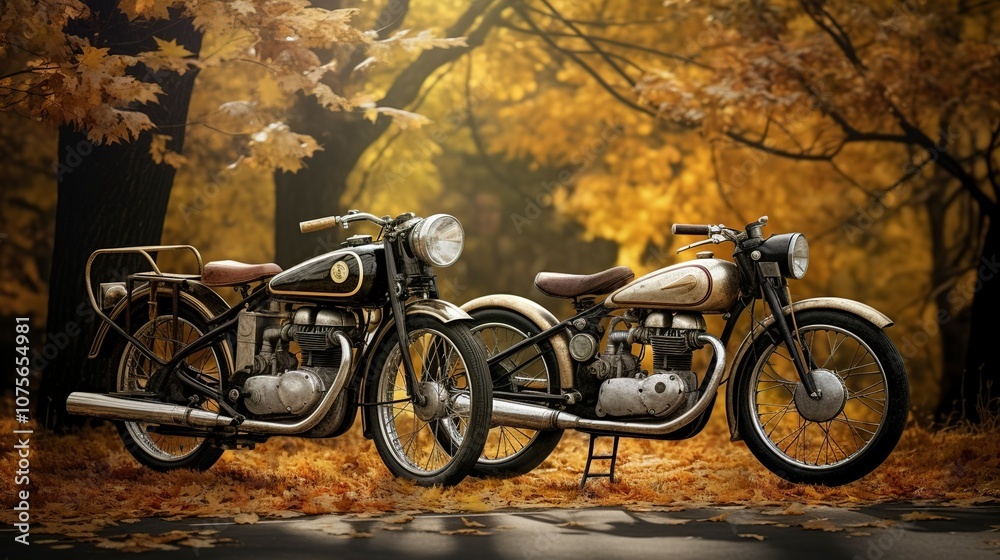 Obraz premium A photo of a racing bicycle and motorcycle in an autumn landscape. , High Quality Details , 8k full ultra HD --ar 16:9 --v 5.2 Job ID: 96905132-d138-4df5-91b5-789af9538416