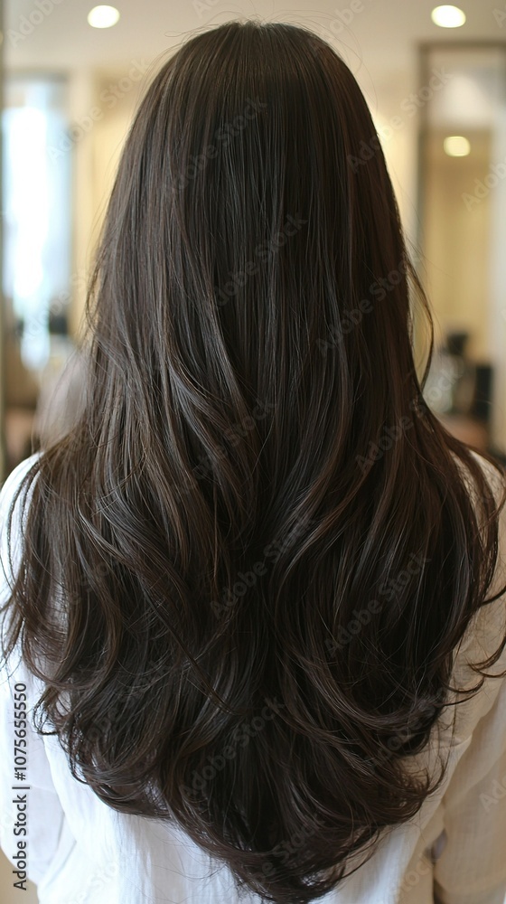 Long, dark wavy hair on a woman's head as seen in the reflection of a bathroom mirror Long, dark wavy hair on a woman's head as seen in the reflection of a bathroom mirror