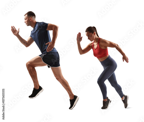 Athletic man and woman in sportswear running on white background