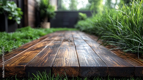 A wooden pathway through lush grass, enhancing a serene outdoor environment. photo