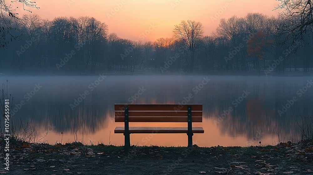 Obraz premium A bench by water with trees and a foggy sky in the backdrop