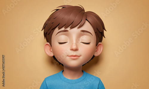 A boy with brown hair closes his eyes while wearing a blue shirt against a tan backdrop