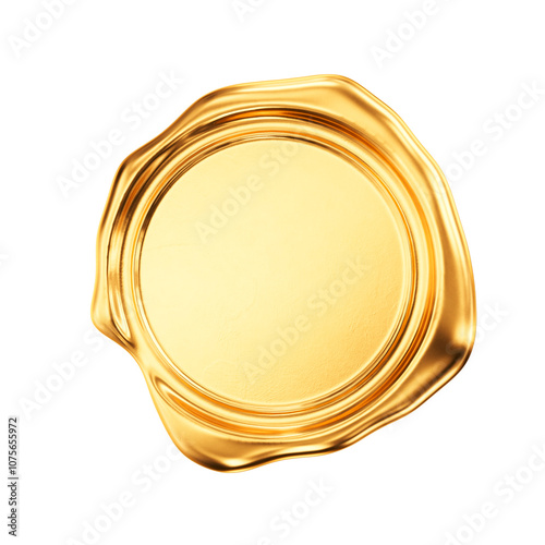 Golden Wax Seal with empty center isolated on transparent background. Realisitc old gold wax stamp. 3d render illustration