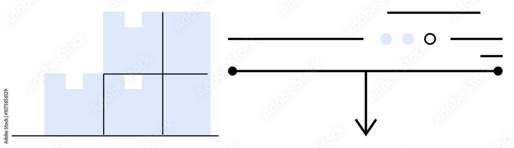 Bar chart with four columns in varying lengths and line chart with dotted points and arrow pointing downward. Ideal for data analysis, statistics, business strategy, performance metrics, financial Bar chart with four columns in varying lengths and line chart with dotted points and arrow pointing downward. Ideal for data analysis, statistics, business strategy, performance metrics, financial