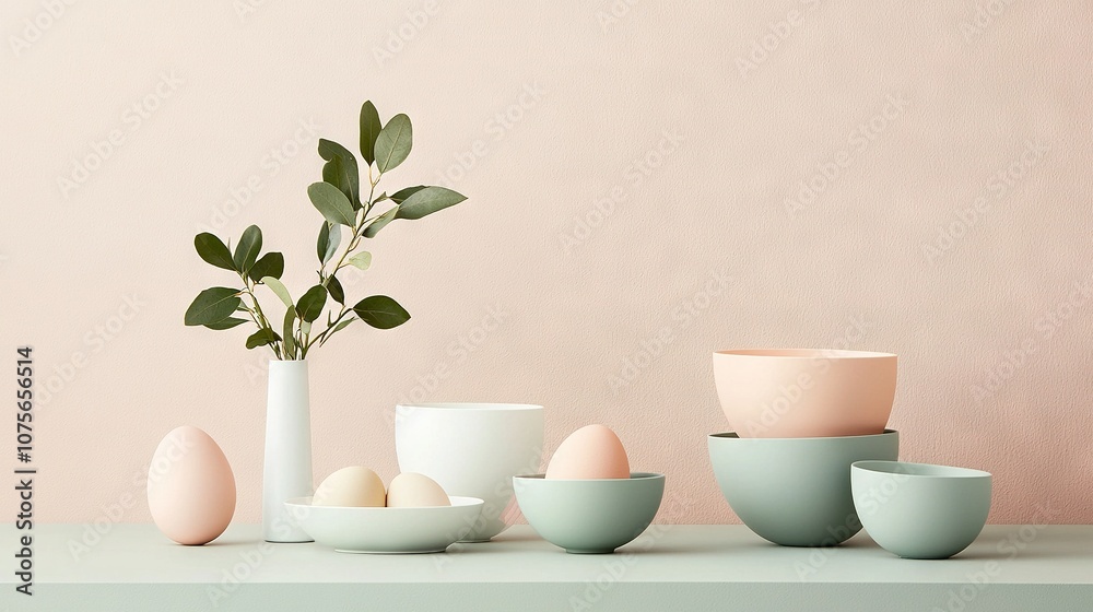 A table topped with eggs and a green-leafed vase on a light pink wall A table topped with eggs and a green-leafed vase on a light pink wall