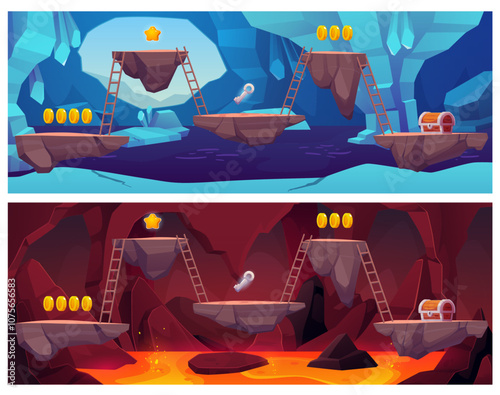 Fantasy cave game landscape vector set, blazing magma and rocks platforms with ladder and award achievements, ice cave
