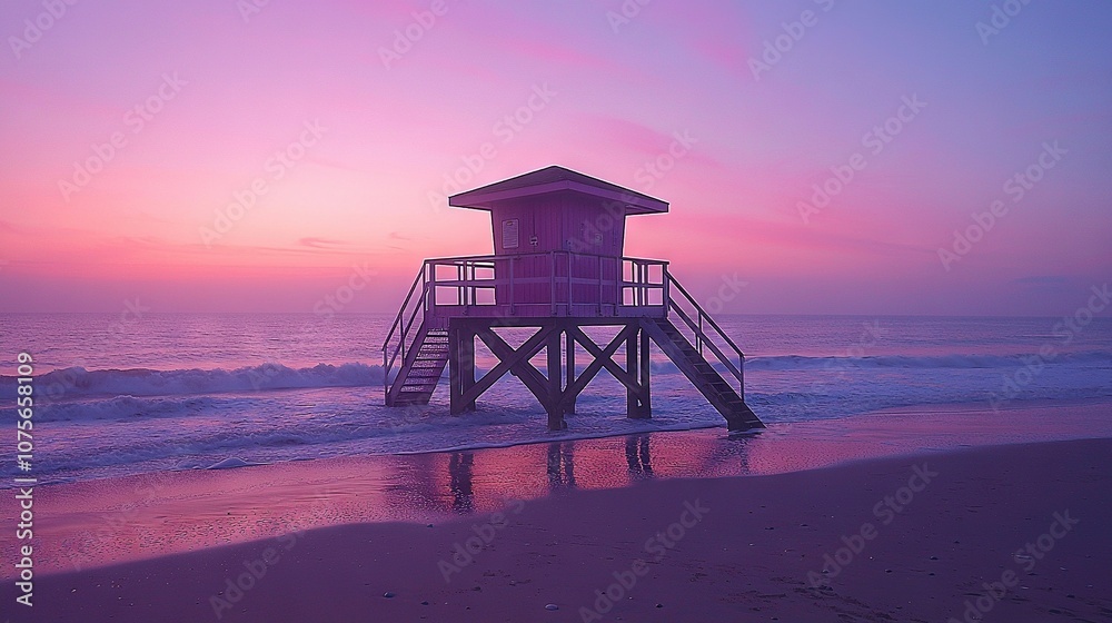 Pink and purple sunset on a beach with lifeguard tower in foreground and ocean in background Pink and purple sunset on a beach with lifeguard tower in foreground and ocean in background