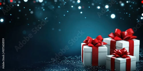 White Christmas Gift Boxes with Red Ribbons on Dark Blue Background With Copy Space
