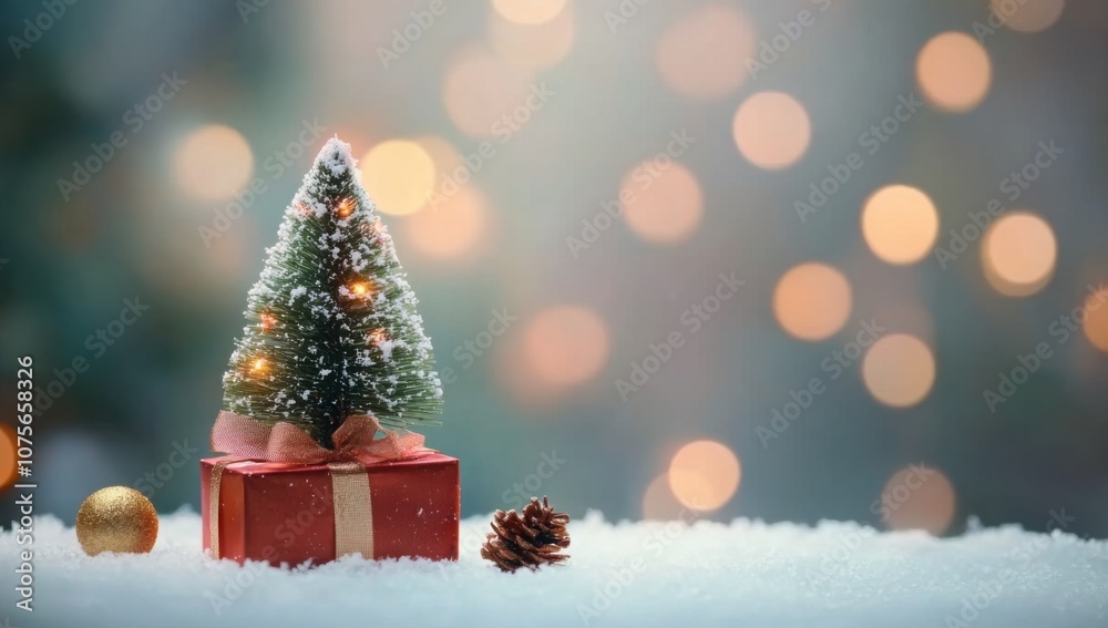 Christmas concept Gift box with bow tie on table Blurred bokeh lights with space for text. Ideal for a Christmas background. Christmas concept Gift box with bow tie on table Blurred bokeh lights with space for text. Ideal for a Christmas background.
