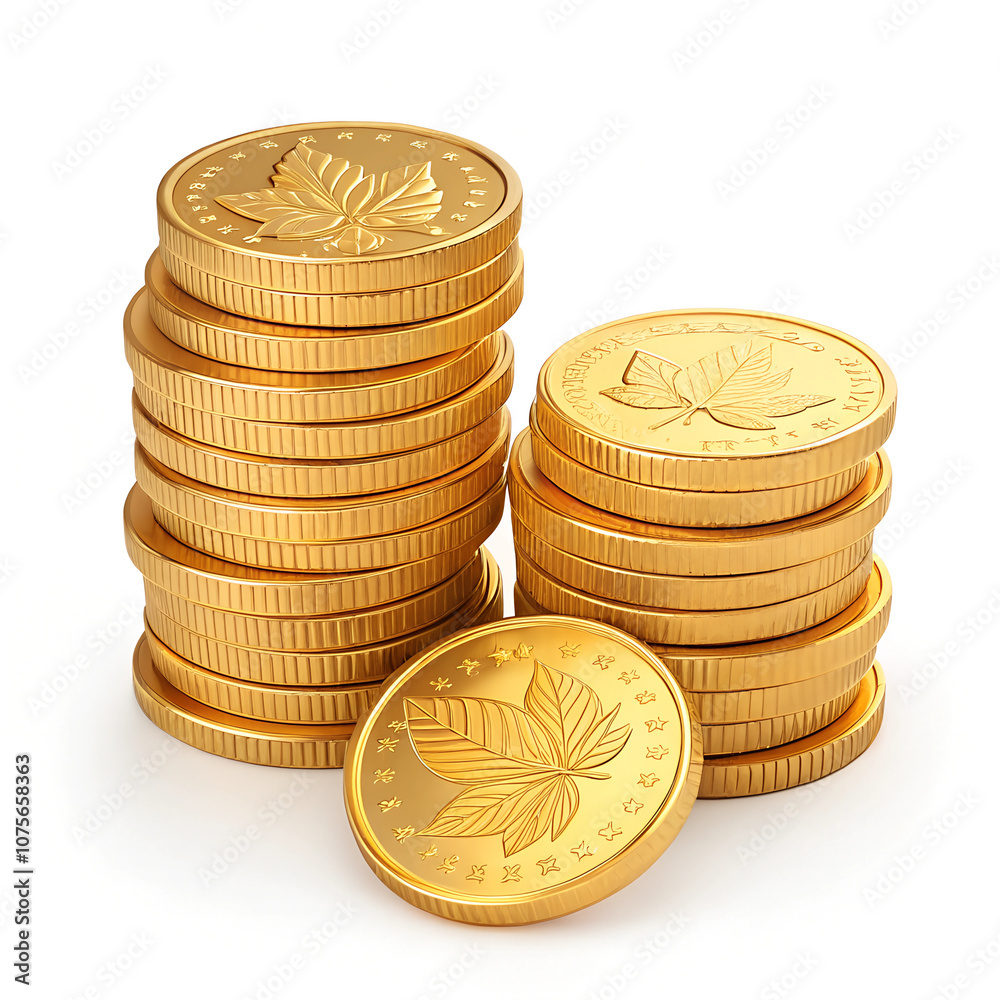 neatly stacked gold coins with a soft glow, set against a clean white background neatly stacked gold coins with a soft glow, set against a clean white background