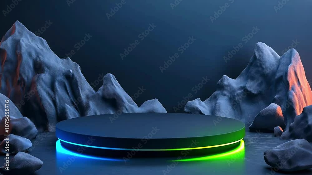 illuminated empty podium with mountainous backdrop in a dark setting