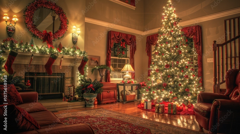 Fototapeta premium Decorate your living room with a Christmas tree, wreath, and garland. Christmas festival concept